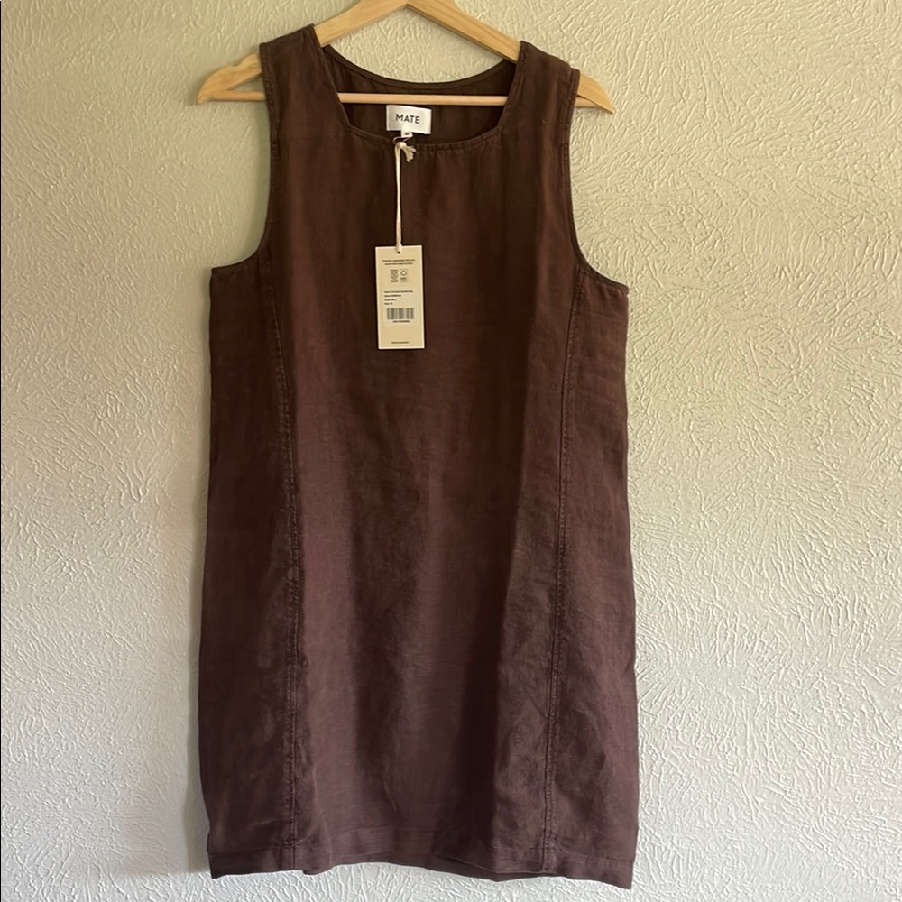 MATE the Label organic linen square neck mini dress in Maple brown